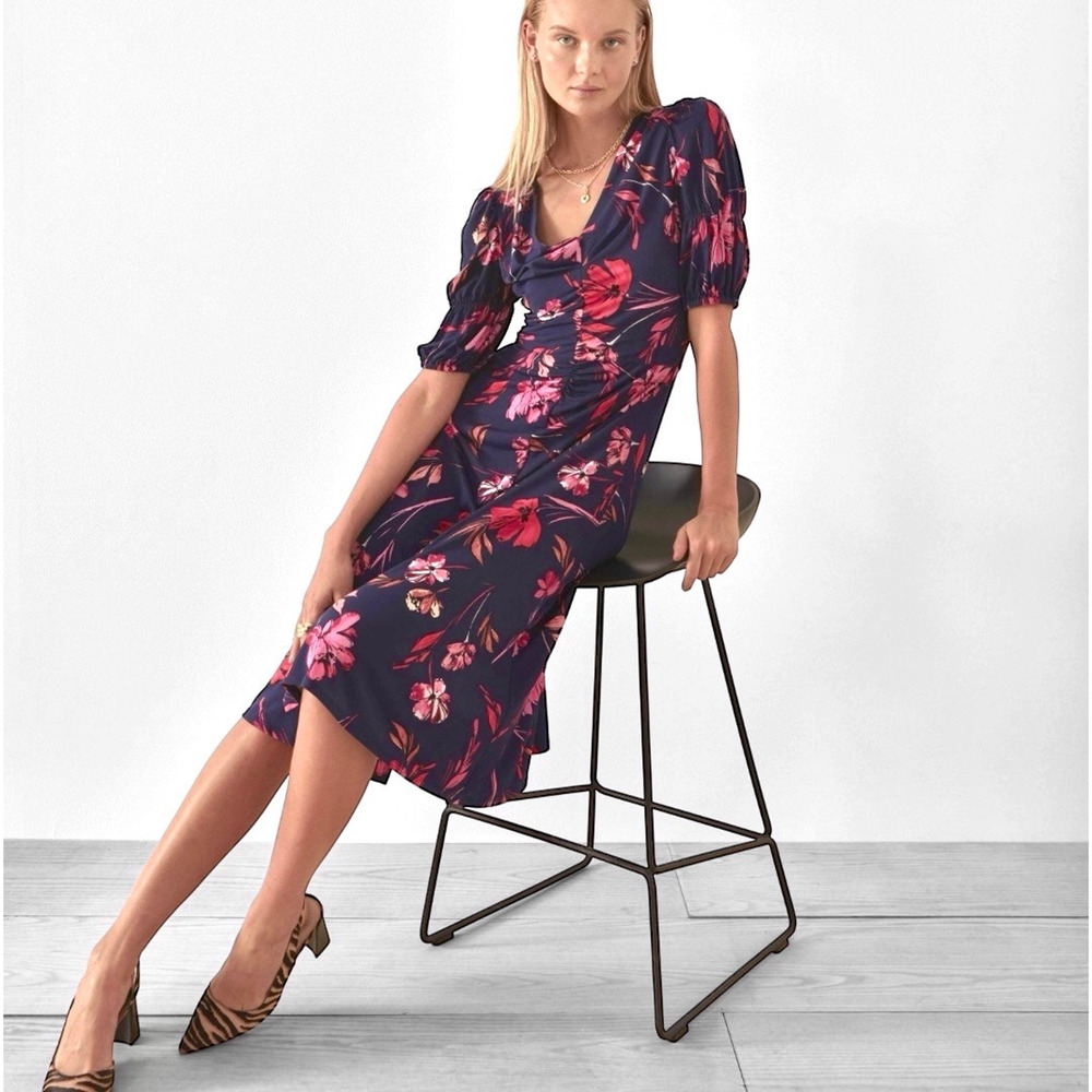 Vince Camuto Floral V-Neck Midi Dress Size‎ 4 Navy Pink Ruched Feminine Romantic